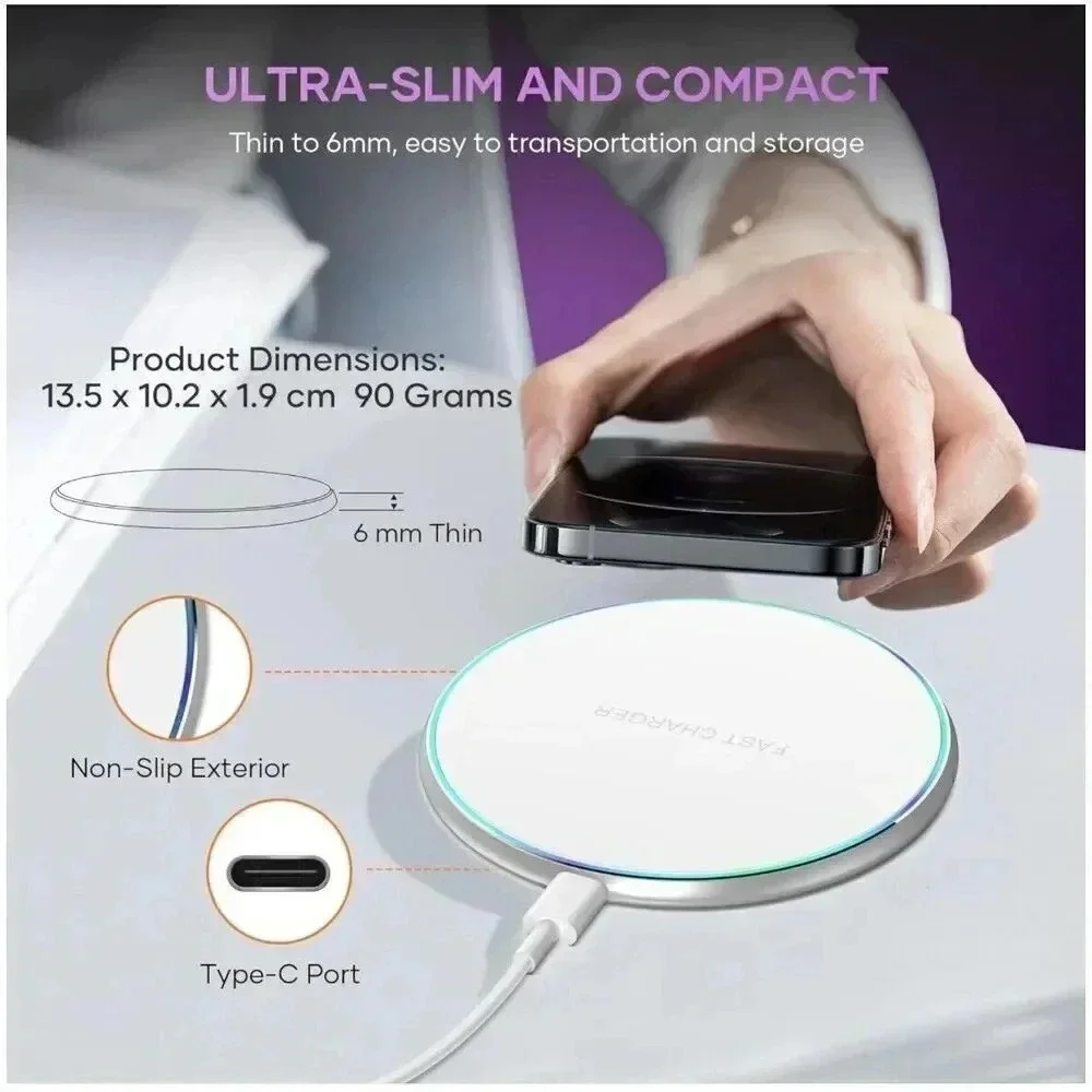 Wireless Fast Phone Charging Pad Mat Dock Charger‎ Stand White With USB Cable